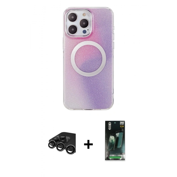 MARSİLYAN™- iPhone 15 Pro Kılıf Pusula Form - Siyah 360 Mat Full Body Arka Koruyucu + Raze Metal Kamera Lens - TMGI