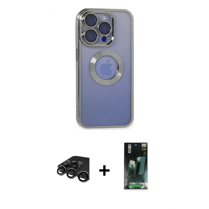 MARSİLYAN™- iPhone 15 Pro Kılıf Pusula Form - Siyah 360 Mat Full Body Arka Koruyucu + Raze Metal Kamera Lens - TMGI