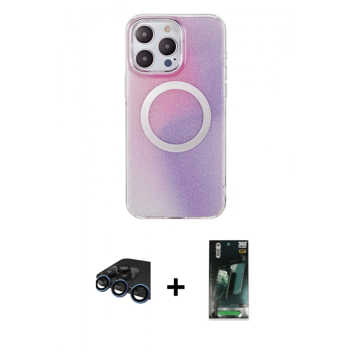 MARSİLYAN™- iPhone 15 Pro Kılıf Pusula Form - Siyah 360 Mat Full Body Arka Koruyucu + Raze Metal Kamera Lens - LT