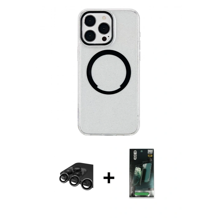 MARSİLYAN™- iPhone 15 Pro Kılıf Pusula Form - Siyah 360 Mat Full Body Arka Koruyucu + Raze Metal Kamera Lens - TMGI