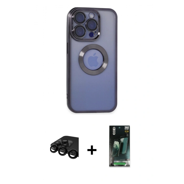 MARSİLYAN™- iPhone 15 Pro Kılıf Pusula Form - Siyah 360 Mat Full Body Arka Koruyucu + Raze Metal Kamera Lens - SH