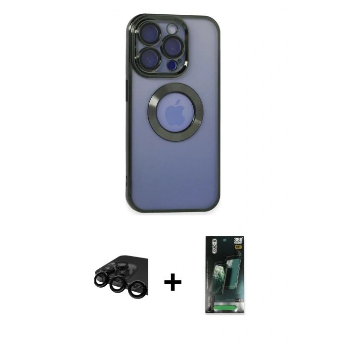 MARSİLYAN™- iPhone 15 Pro Kılıf Pusula Form - Siyah 360 Mat Full Body Arka Koruyucu + Raze Metal Kamera Lens - SH