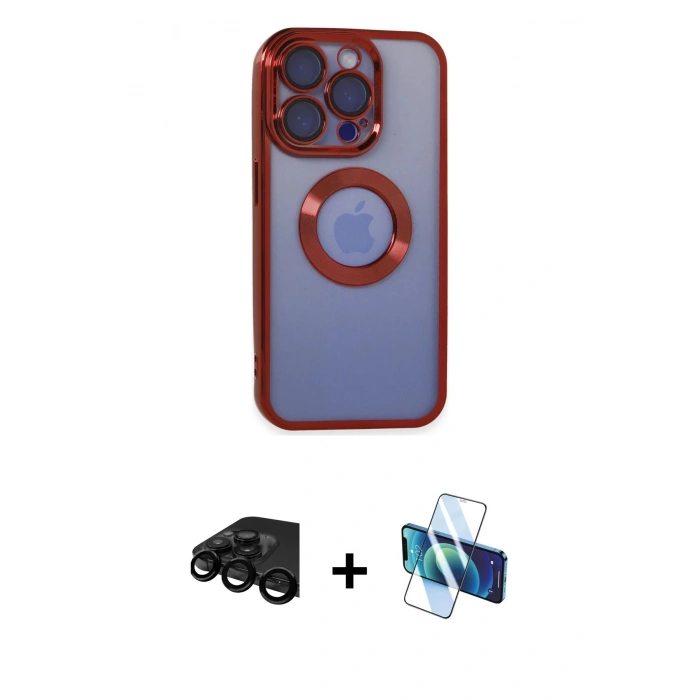 MARSİLYAN™- iPhone 15 Pro Kılıf Pusula Form - Siyah 3D Antistatik Cam Ekran Koruyucu + Raze Metal Kamera Lens - SH