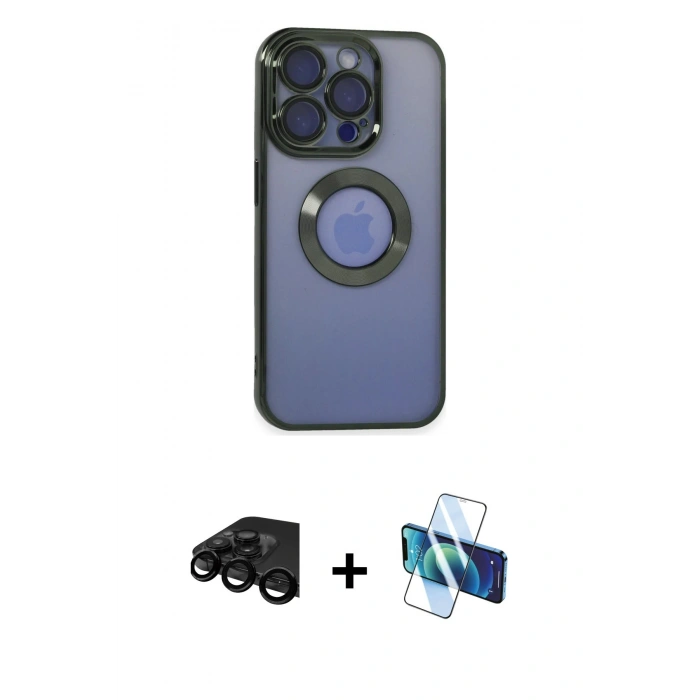 MARSİLYAN™- iPhone 15 Pro Kılıf Pusula Form - Siyah 3D Antistatik Cam Ekran Koruyucu + Raze Metal Kamera Lens - SH
