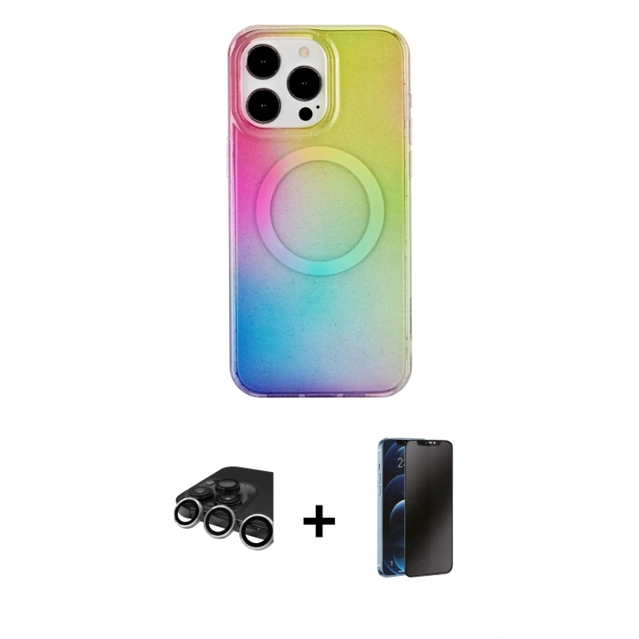 MARSİLYAN™- iPhone 15 Pro Kılıf Pusula Form - Siyah 3D Antistatik Hayalet Cam Ekran Koruyucu + Raze Metal Kamera Lens - GS