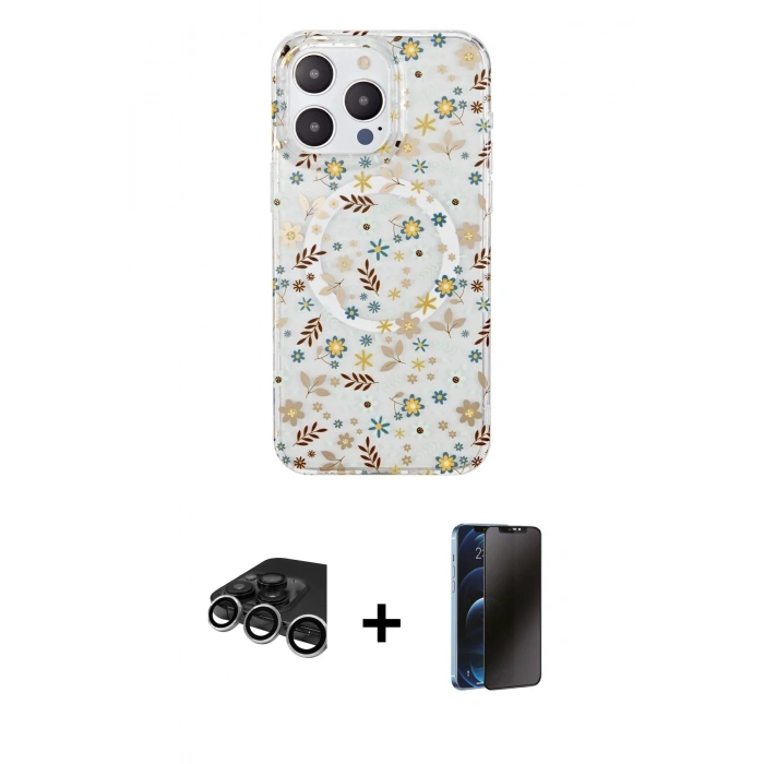 MARSİLYAN™- iPhone 15 Pro Kılıf Pusula Form - Siyah 3D Antistatik Hayalet Cam Ekran Koruyucu + Raze Metal Kamera Lens - GS