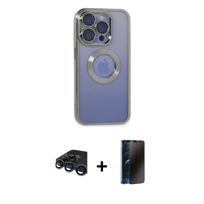 MARSİLYAN™- iPhone 15 Pro Kılıf Pusula Form - Siyah 3D Antistatik Hayalet Cam Ekran Koruyucu + Raze Metal Kamera Lens - LT