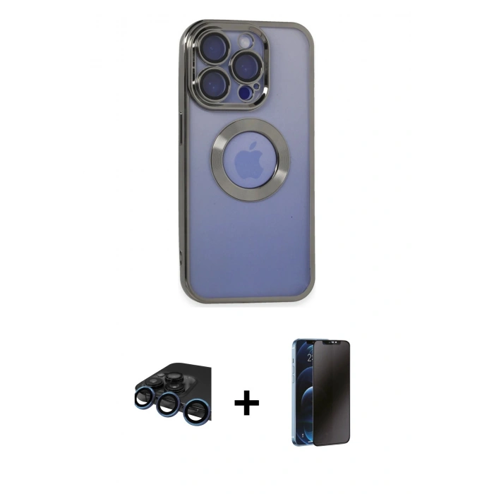 MARSİLYAN™- iPhone 15 Pro Kılıf Pusula Form - Siyah 3D Antistatik Hayalet Cam Ekran Koruyucu + Raze Metal Kamera Lens - LT