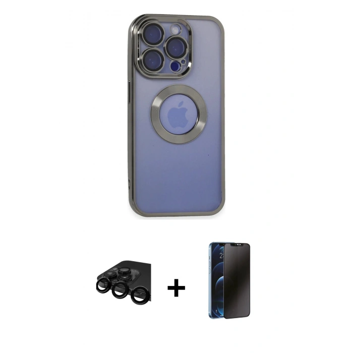MARSİLYAN™- iPhone 15 Pro Kılıf Pusula Form - Siyah 3D Antistatik Hayalet Cam Ekran Koruyucu + Raze Metal Kamera Lens - SH