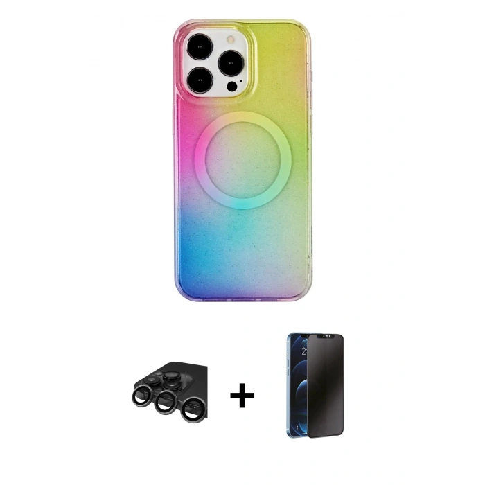 MARSİLYAN™- iPhone 15 Pro Kılıf Pusula Form - Siyah 3D Antistatik Hayalet Cam Ekran Koruyucu + Raze Metal Kamera Lens - TMGI