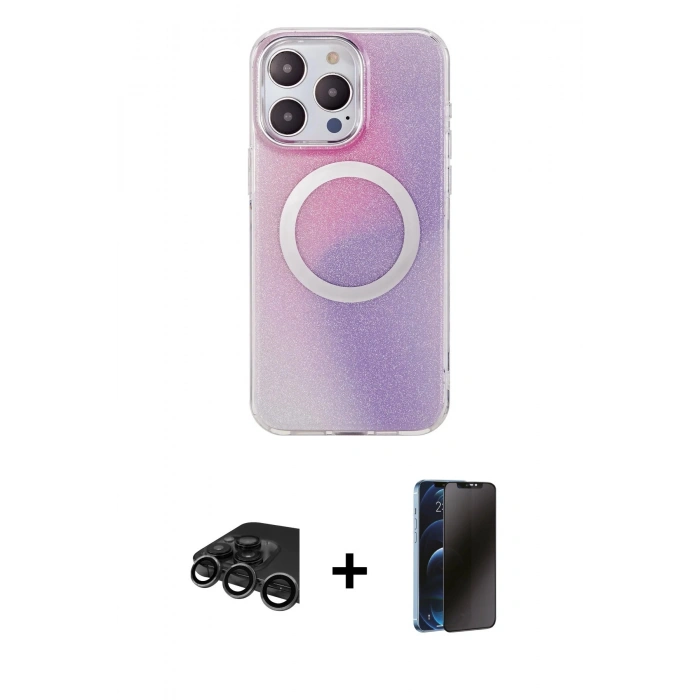 MARSİLYAN™- iPhone 15 Pro Kılıf Pusula Form - Siyah 3D Antistatik Hayalet Cam Ekran Koruyucu + Raze Metal Kamera Lens - TMGI