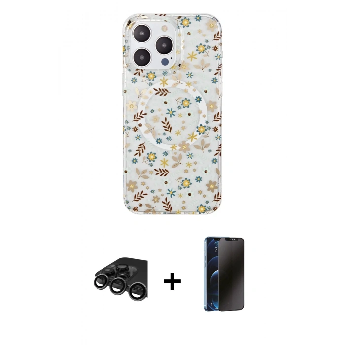 MARSİLYAN™- iPhone 15 Pro Kılıf Pusula Form - Siyah 3D Antistatik Hayalet Cam Ekran Koruyucu + Raze Metal Kamera Lens - TMGI