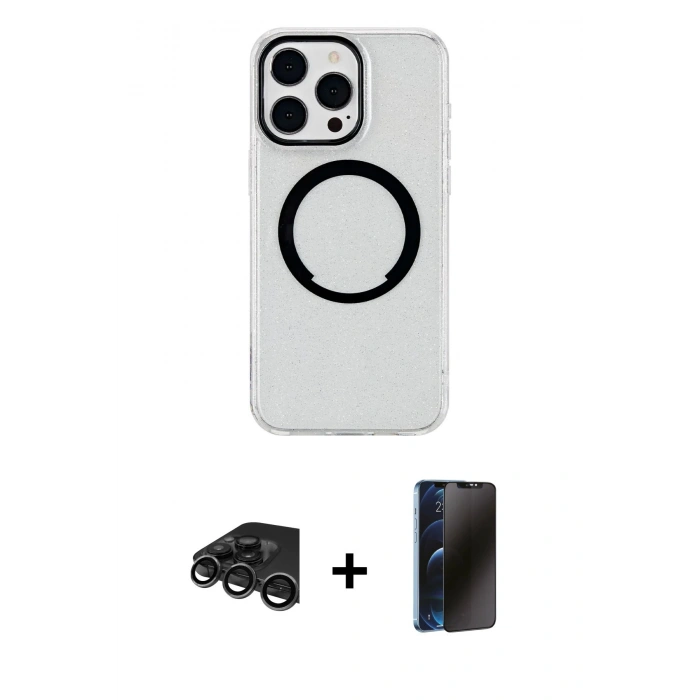 MARSİLYAN™- iPhone 15 Pro Kılıf Pusula Form - Siyah 3D Antistatik Hayalet Cam Ekran Koruyucu + Raze Metal Kamera Lens - TMGI