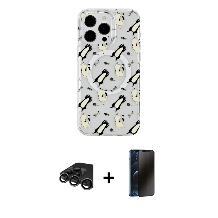 MARSİLYAN™- iPhone 15 Pro Kılıf Pusula Form - Siyah 3D Antistatik Hayalet Cam Ekran Koruyucu + Raze Metal Kamera Lens - TMGI