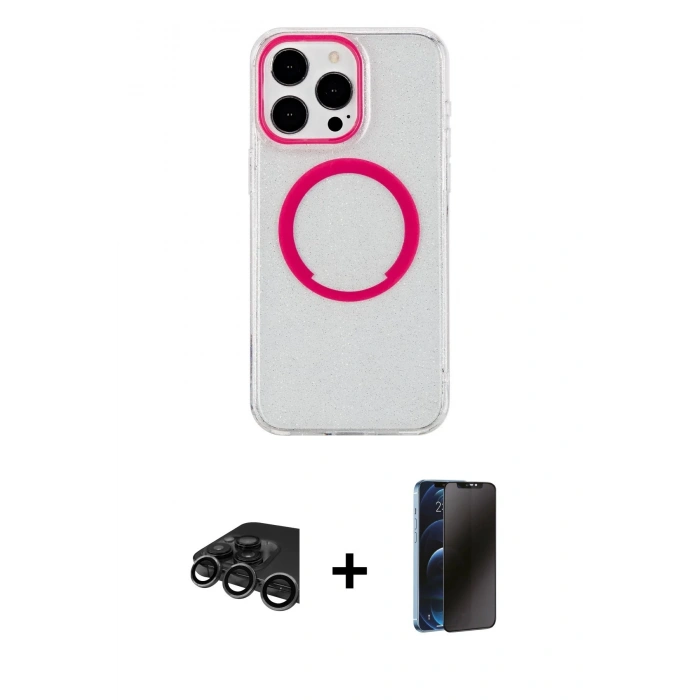 MARSİLYAN™- iPhone 15 Pro Kılıf Pusula Form - Siyah 3D Antistatik Hayalet Cam Ekran Koruyucu + Raze Metal Kamera Lens - TMGI