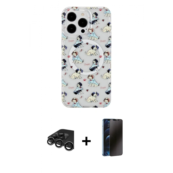 MARSİLYAN™- iPhone 15 Pro Kılıf Pusula Form - Siyah 3D Antistatik Hayalet Cam Ekran Koruyucu + Raze Metal Kamera Lens - TMGI