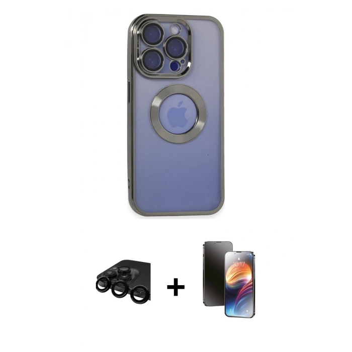 MARSİLYAN™- iPhone 15 Pro Kılıf Pusula Form - Siyah 3D Antistatik Mat Seramik Nano Ekran Koruyucu + Raze Metal Kamera Lens - SH