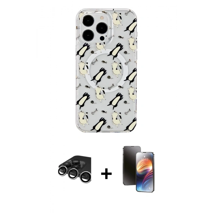 MARSİLYAN™- iPhone 15 Pro Kılıf Pusula Form - Siyah 3D Antistatik Mat Seramik Nano Ekran Koruyucu + Raze Metal Kamera Lens - GS