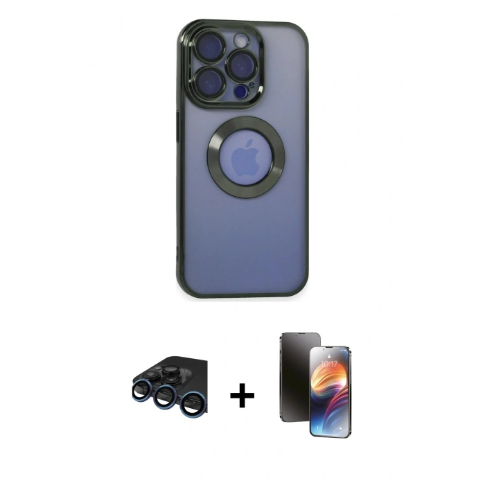 MARSİLYAN™- iPhone 15 Pro Kılıf Pusula Form - Siyah 3D Antistatik Mat Seramik Nano Ekran Koruyucu + Raze Metal Kamera Lens - LT