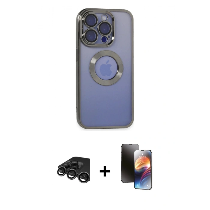 MARSİLYAN™- iPhone 15 Pro Kılıf Pusula Form - Siyah 3D Antistatik Mat Seramik Nano Ekran Koruyucu + Raze Metal Kamera Lens - TMGI