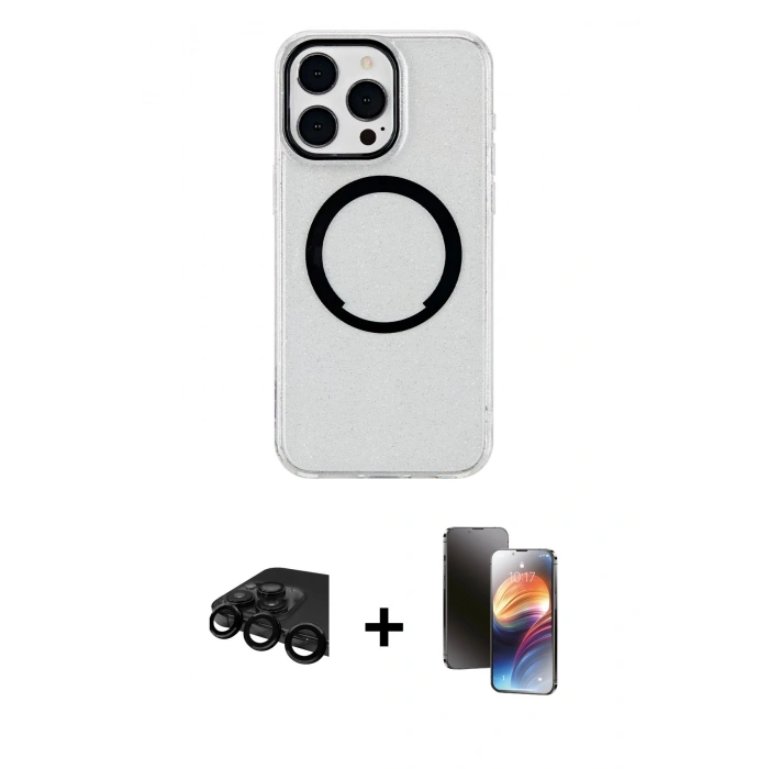 MARSİLYAN™- iPhone 15 Pro Kılıf Pusula Form - Siyah 3D Antistatik Mat Seramik Nano Ekran Koruyucu + Raze Metal Kamera Lens - SH