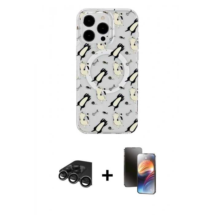 MARSİLYAN™- iPhone 15 Pro Kılıf Pusula Form - Siyah 3D Antistatik Mat Seramik Nano Ekran Koruyucu + Raze Metal Kamera Lens - TMGI