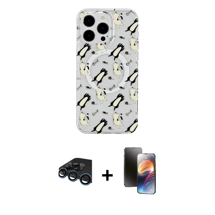 MARSİLYAN™- iPhone 15 Pro Kılıf Pusula Form - Siyah 3D Antistatik Mat Seramik Nano Ekran Koruyucu + Raze Metal Kamera Lens - LT
