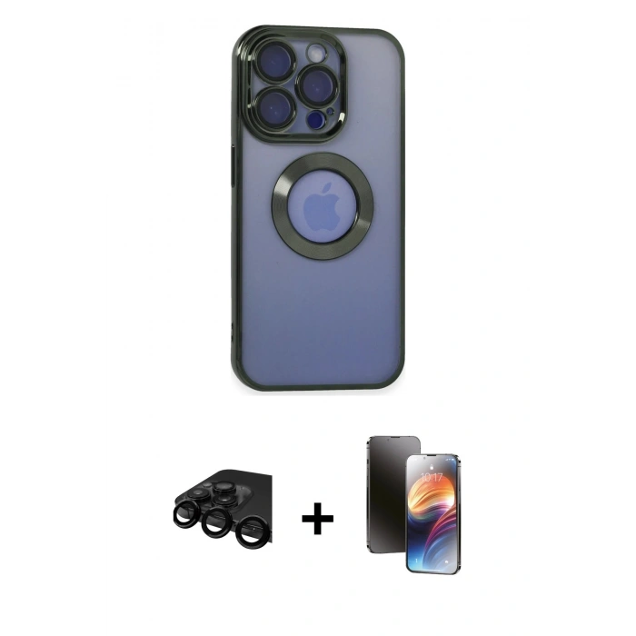 MARSİLYAN™- iPhone 15 Pro Kılıf Pusula Form - Siyah 3D Antistatik Mat Seramik Nano Ekran Koruyucu + Raze Metal Kamera Lens - SH
