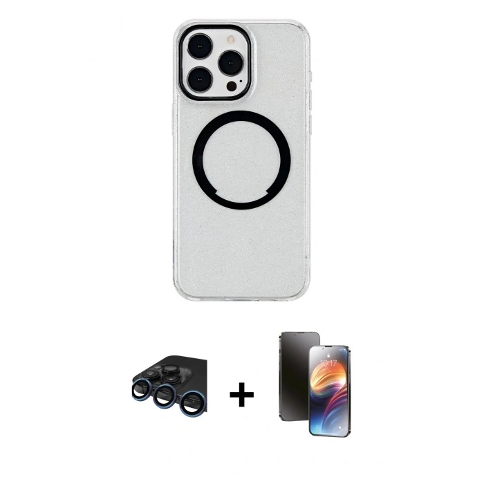 MARSİLYAN™- iPhone 15 Pro Kılıf Pusula Form - Siyah 3D Antistatik Mat Seramik Nano Ekran Koruyucu + Raze Metal Kamera Lens - LT