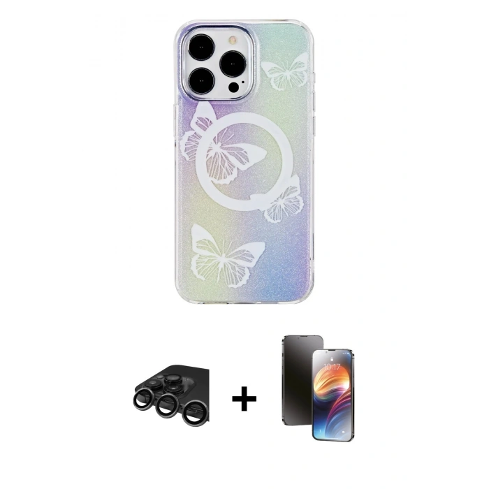 MARSİLYAN™- iPhone 15 Pro Kılıf Pusula Form - Siyah 3D Antistatik Mat Seramik Nano Ekran Koruyucu + Raze Metal Kamera Lens - TMGI