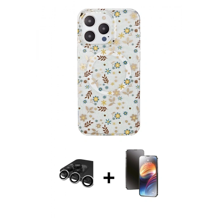 MARSİLYAN™- iPhone 15 Pro Kılıf Pusula Form - Siyah 3D Antistatik Mat Seramik Nano Ekran Koruyucu + Raze Metal Kamera Lens - GS