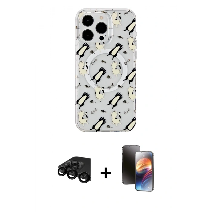 MARSİLYAN™- iPhone 15 Pro Kılıf Pusula Form - Siyah 3D Antistatik Mat Seramik Nano Ekran Koruyucu + Raze Metal Kamera Lens - SH