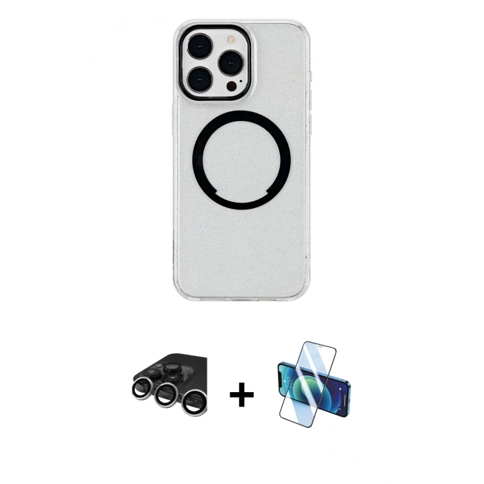 MARSİLYAN™- iPhone 15 Pro Kılıf Pusula Form - Siyah 3D Antistatik Seramik Nano Ekran Koruyucu + Gümüş Raze Metal Kamera Lens