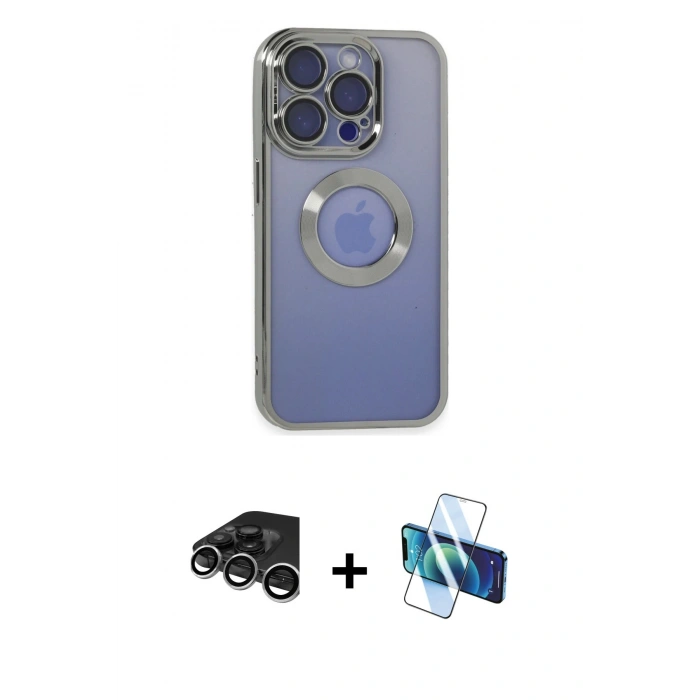 MARSİLYAN™- iPhone 15 Pro Kılıf Pusula Form - Siyah 3D Antistatik Seramik Nano Ekran Koruyucu + Gümüş Raze Metal Kamera Lens