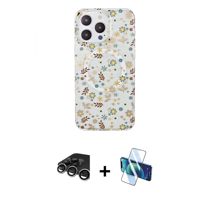MARSİLYAN™- iPhone 15 Pro Kılıf Pusula Form - Siyah 3D Antistatik Seramik Nano Ekran Koruyucu + Gümüş Raze Metal Kamera Lens