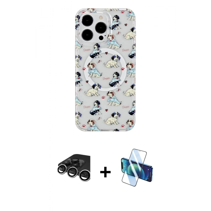 MARSİLYAN™- iPhone 15 Pro Kılıf Pusula Form - Siyah 3D Antistatik Seramik Nano Ekran Koruyucu + Gümüş Raze Metal Kamera Lens