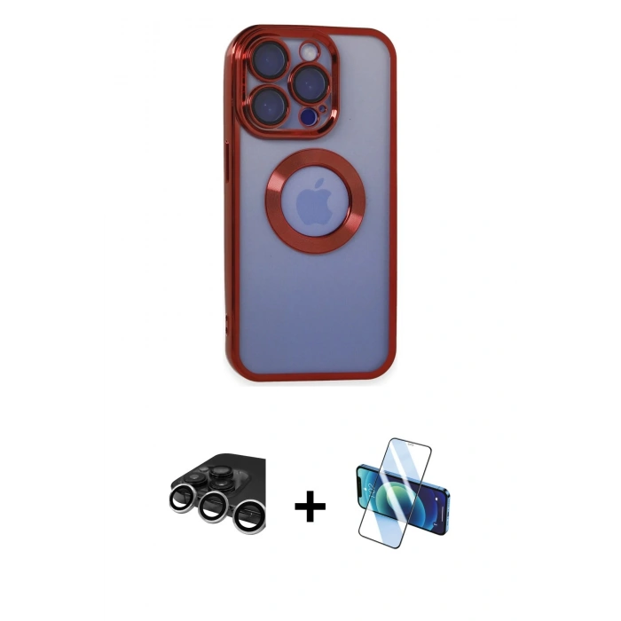 MARSİLYAN™- iPhone 15 Pro Kılıf Pusula Form - Siyah 3D Antistatik Seramik Nano Ekran Koruyucu + Gümüş Raze Metal Kamera Lens