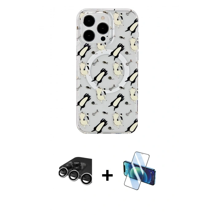 MARSİLYAN™- iPhone 15 Pro Kılıf Pusula Form - Siyah 3D Antistatik Seramik Nano Ekran Koruyucu + Gümüş Raze Metal Kamera Lens