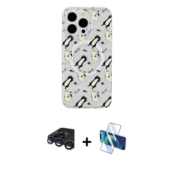MARSİLYAN™- iPhone 15 Pro Kılıf Pusula Form - Siyah 3D Antistatik Seramik Nano Ekran Koruyucu + Raze Metal Kamera Lens - LT