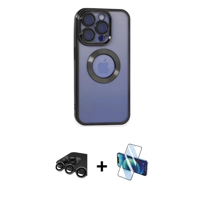 MARSİLYAN™- iPhone 15 Pro Kılıf Pusula Form - Siyah 3D Antistatik Seramik Nano Ekran Koruyucu + Raze Metal Kamera Lens - TMGI