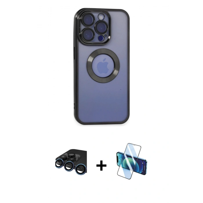 MARSİLYAN™- iPhone 15 Pro Kılıf Pusula Form - Siyah 3D Antistatik Seramik Nano Ekran Koruyucu + Raze Metal Kamera Lens - LT