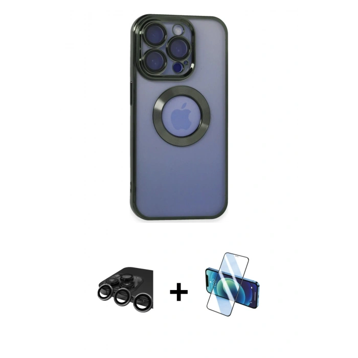 MARSİLYAN™- iPhone 15 Pro Kılıf Pusula Form - Siyah 3D Antistatik Seramik Nano Ekran Koruyucu + Raze Metal Kamera Lens - TMGI