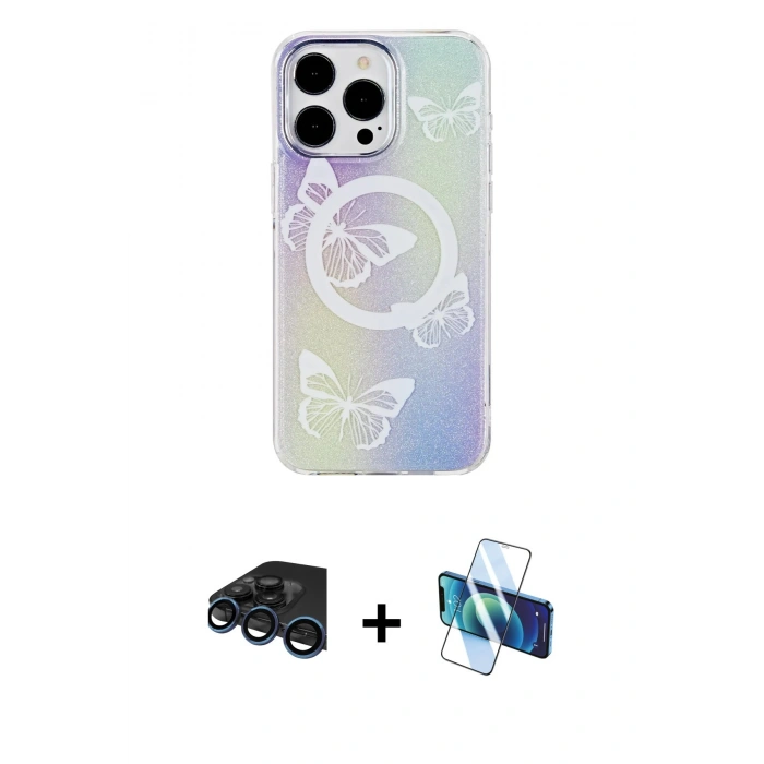 MARSİLYAN™- iPhone 15 Pro Kılıf Pusula Form - Siyah 3D Antistatik Seramik Nano Ekran Koruyucu + Raze Metal Kamera Lens - LT
