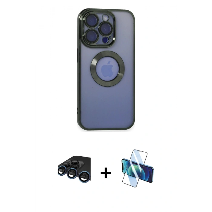 MARSİLYAN™- iPhone 15 Pro Kılıf Pusula Form - Siyah 3D Antistatik Seramik Nano Ekran Koruyucu + Raze Metal Kamera Lens - LT