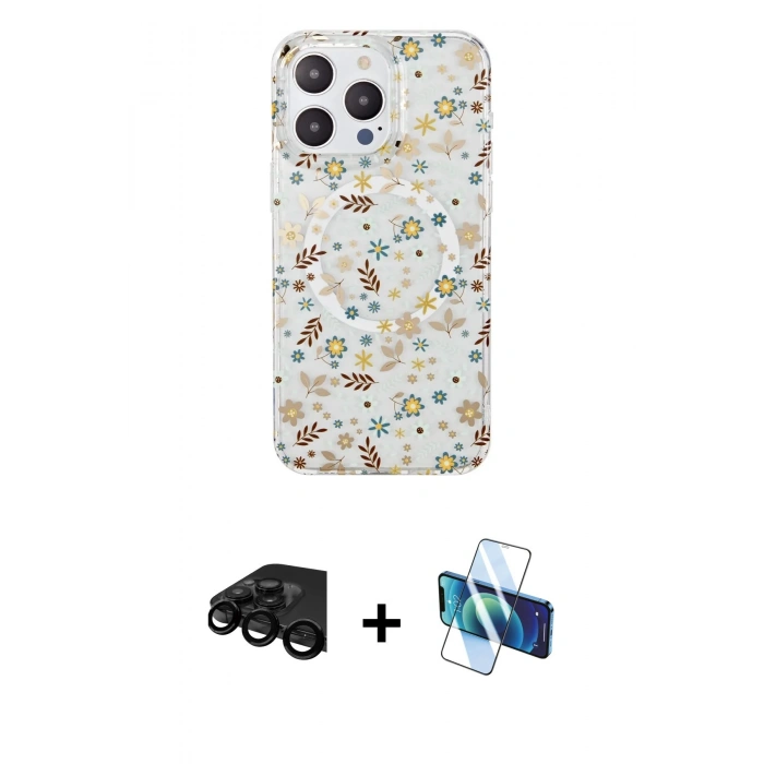 MARSİLYAN™- iPhone 15 Pro Kılıf Pusula Form - Siyah 3D Antistatik Seramik Nano Ekran Koruyucu + Raze Metal Kamera Lens - SH