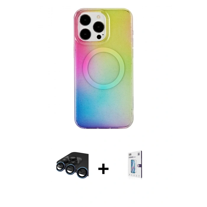 MARSİLYAN™- iPhone 15 Pro Kılıf Pusula Form - Siyah Bilvis 0.18mm Plus Cam Ekran Koruyucu + Raze Metal Kamera Lens - LT