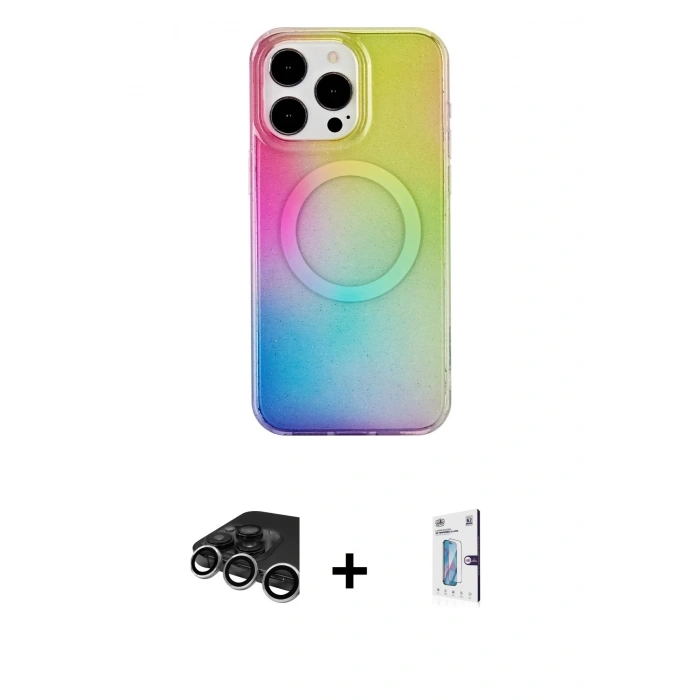 MARSİLYAN™- iPhone 15 Pro Kılıf Pusula Form - Siyah Bilvis 0.18mm Plus Cam Ekran Koruyucu + Raze Metal Kamera Lens - GS