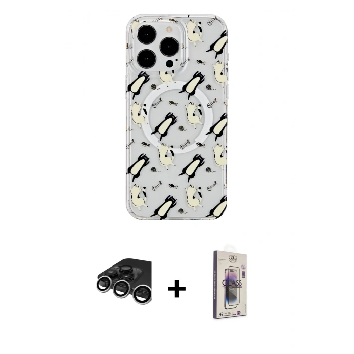 MARSİLYAN™- iPhone 15 Pro Kılıf Pusula Form - Siyah Bilvis 3D Cam Ekran Koruyucu + Raze Metal Kamera Lens - GS