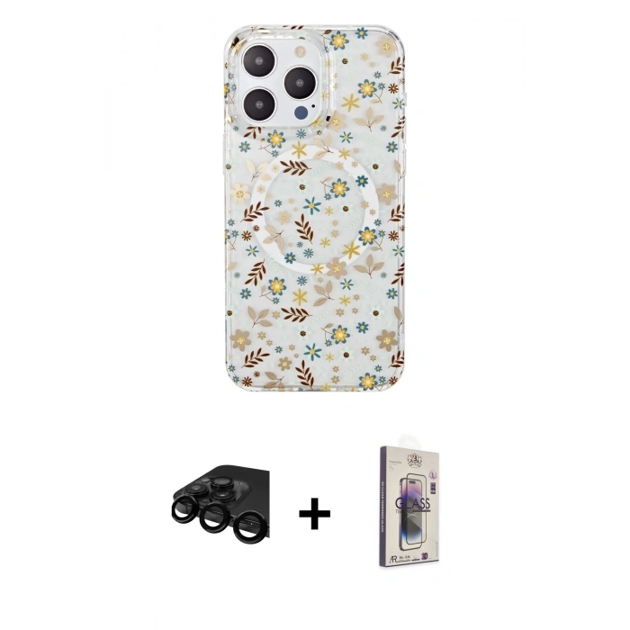 MARSİLYAN™- iPhone 15 Pro Kılıf Pusula Form - Siyah Bilvis 3D Cam Ekran Koruyucu + Raze Metal Kamera Lens - SH