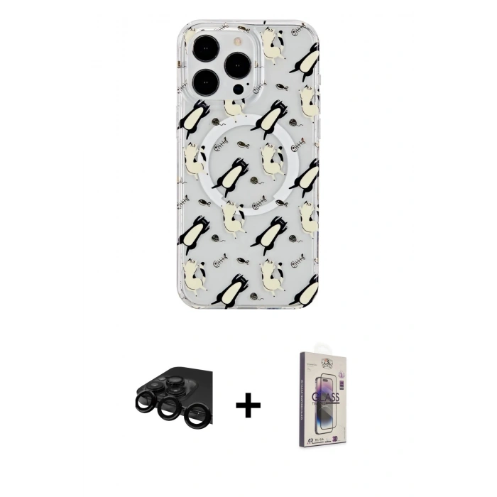 MARSİLYAN™- iPhone 15 Pro Kılıf Pusula Form - Siyah Bilvis 3D Cam Ekran Koruyucu + Raze Metal Kamera Lens - SH